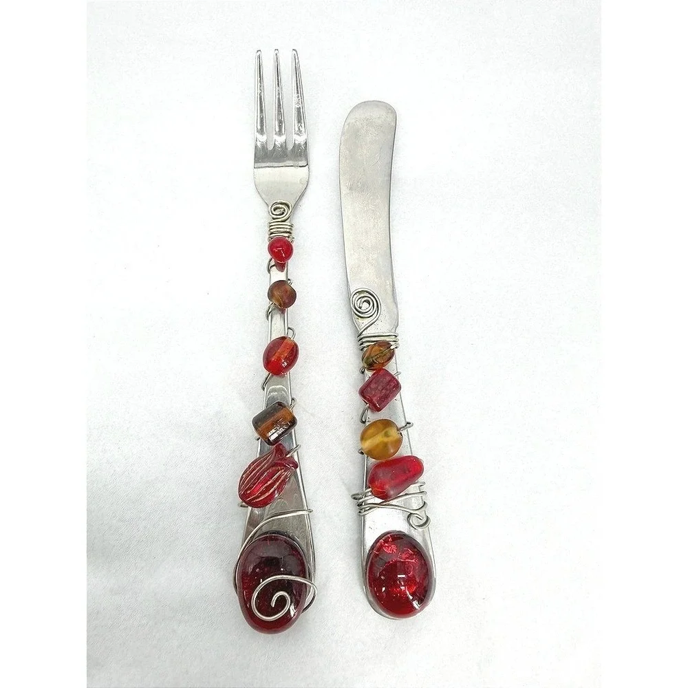 Wire Wrapped Beaded Fork & Knife Appetizer Flatware Set Red Elegant Tableware